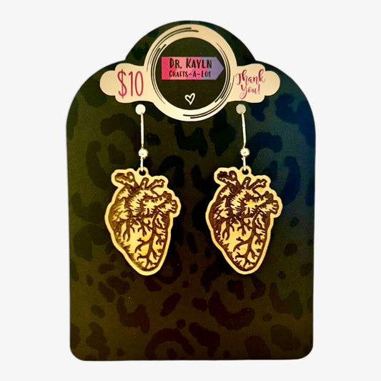 Anatomic Heart Earrings - Wooden Dangle