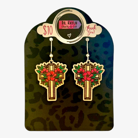 Christian Cross Earrings - Wooden Dangle