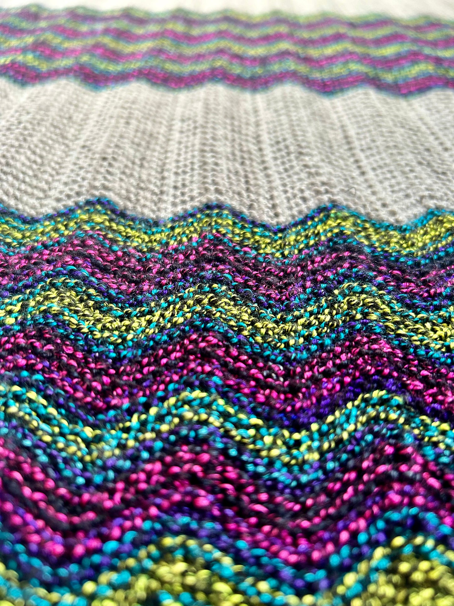 Rainbow and Gray Striped  Chevron Hand Knit Baby Blanket