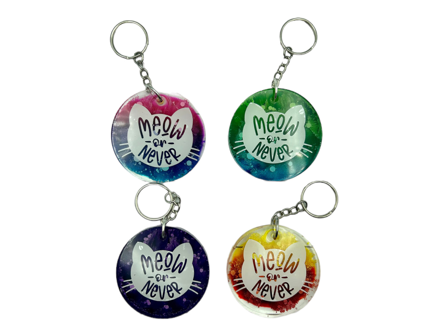 Meow Or Never Cat Quote Resin Keychain