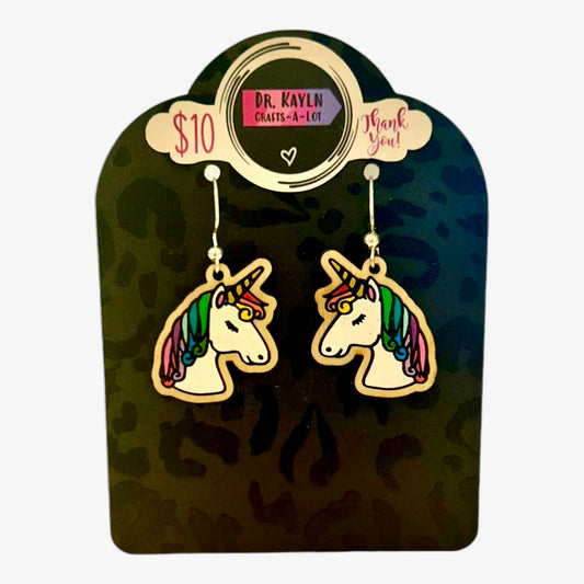 Unicorn Handpainted Earrings - Wooden Dangle